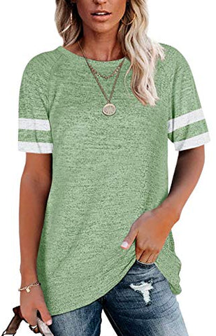 Image of Womens Crewneck Short Sleeve Shirts Raglan Striped Color Block Baseball Tee Tunic Tops Green