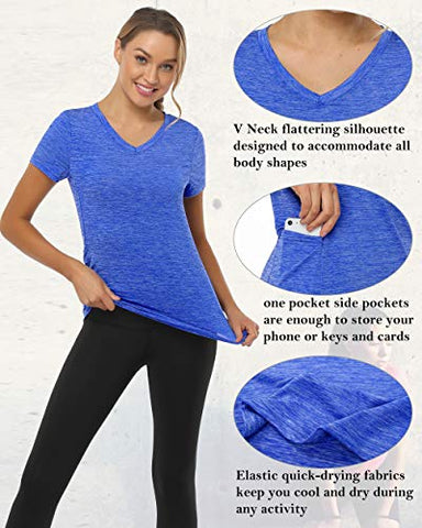 Image of CHICHO V Neck Pocket T-Shirts Women, Outwear Sweat-Wicking Stretch Short Sleeve Teen Shirt Loose Fit Quick Dry Absorb Sweat Working Out Sport Top Blue XXLarge