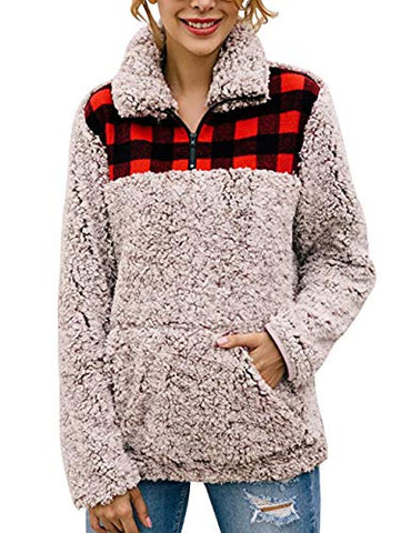 Image of MIROL Women's Long Sleeve 1/4 Zipper Pullover Sherpa Fleece Winter Oversized Outwear Sweatshirt Coat with Pockets (S, Plaid Brown)