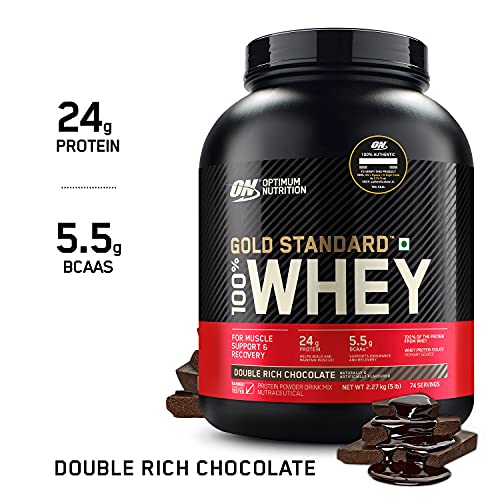 Optimum Nutrition (ON) Gold Standard 100% Whey Protein Powder 5 lbs, 2.27 kg (Double Rich Chocolate), for Muscle Support & Recovery, Vegetarian - Primary Source Whey Isolate
