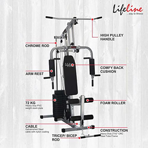 Image of Lifeline Fitness HG-002 Multi Home Gym Multiple Workout Exercise Machine Chest Biceps Shoulder Triceps Legs at Home, 72kg Weight Stack, Made in India, 10KG Dumbbell Set
