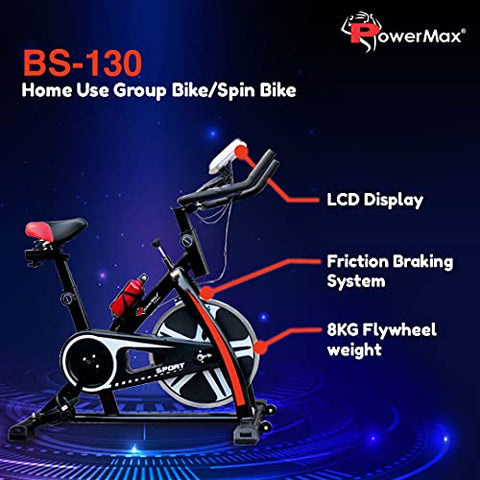 Image of PowerMax Fitness BS-130 Steel Exercise Spin Bike With 6 Kg Flywheel, LCD Display & Bottle Holder, Black
