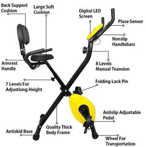 Image of Dolphy Folding Exercise X Bike, Fitness Upright ,Aerobic Trainer X-Bike with 8-Level Adjustable Resistance, Arm and Backrest - Yellow