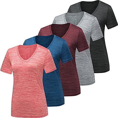 BALENNZ Workout Shirts for Women, Moisture Wicking Quick Dry Active Athletic Women's Gym Performance T Shirts, 5 Pack Dark Grey, Light Grey, Blue, Wine Red, Watermelon Red, Large