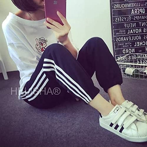 Image of HELISHA® Gym wear Leggings Ankle Length Free Size Combo Workout Trousers | Stretchable Striped Jeggings |Mid Waist Sports Fitness | Yoga Track Pants for Women & Girls (Pack of 2) (Black With White-Line+Black-With-Red-Line)