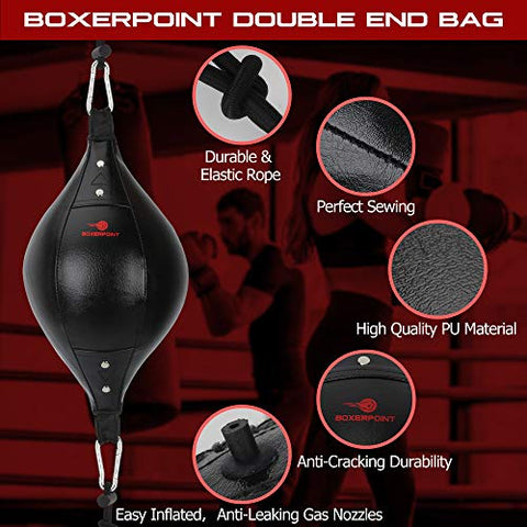 Image of BOXERPOINT Double End Bag Boxing Set - Double Ended Punching Ball - Speed Striking Reflex Kit with Fully Adjustable Cords - PU Leather Punch Bag with Hand Wraps, Complete Installation Kit & Carry Bag