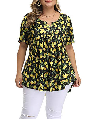 Allegrace Women's Plus Size Floral Blouses Henley V Neck Button Up Tunic Tops Ruffle Flowy Short Sleeve T Shirts P30 Lemon Black 4X