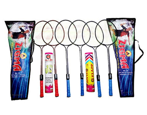 Image of Klapp Multicolour Set 6 Double Shaft Badminton Rackets, with 20 Shuttlecock (Without Net)