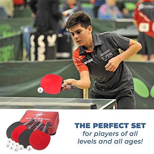 Synrgenic Table Tennis Paddle Set - 4 Professional Ping Pong Rackets, 8 Professional ITTF Game Balls, Foldable Scorecard, and Portable Cover Bag - Ergonomic Wooden Bats for Powerful Speed and Spin