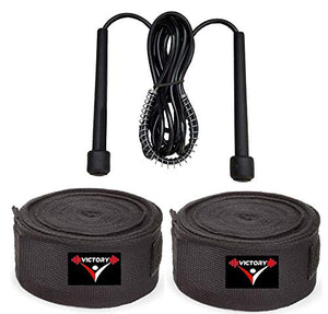 VICTORY Combo -Professional Boxing Cotton Hand Wrap & Hand Bandage - Imported with Skipping Rope Big (Black)