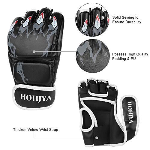 HOHJYA MMA Gloves, Half-Finger Boxing Fight Gloves MMA Mitts with Men Women Knuckle Adjustable Wrist Band Protection UFC Gloves for Sanda Sparring Punching Bag Training