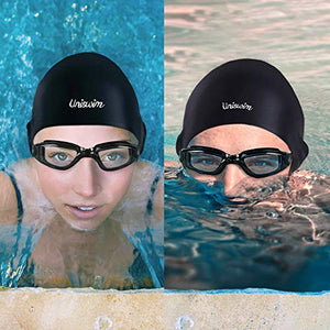 Uniswim Swiming Goggles and Cap Set for Men, Professional Swim Goggles Anti Fog Leakproof UV Protection Clear Wide View, Solid Silicone Swimming Cap for Adults Long Hair Waterproof - Black