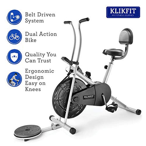 Image of KLIKFIT KF04F Indoor Stationary Air Bike Exercise Cycle with Back Support & Twister Plate with Installation Support for Home Gym Cardio Full Body Weight Loss Workout, Silver, Black