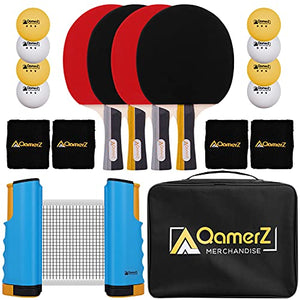AQamerZ Complete Ping Pong Paddle Set - Portable Table Tennis Kit with Retractable Net, 4 x Ping Pong Paddles, 8 Balls, 4 x Sweat Bands, Carry Case - Tabletop Pingpong Racket Equipment and Accessories