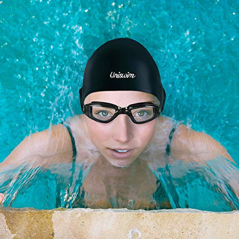 Image of Uniswim Swiming Goggles and Cap Set for Men, Professional Swim Goggles Anti Fog Leakproof UV Protection Clear Wide View, Solid Silicone Swimming Cap for Adults Long Hair Waterproof - Black