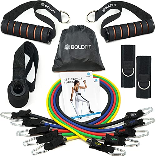 Boldfit Resistance Band Set with Handles, Portable Toning Tubes with Door Anchor & Foam Handles. Resistance Tube Kit with Bag and Ankle Straps Included. (11 Pieces Tube Set)