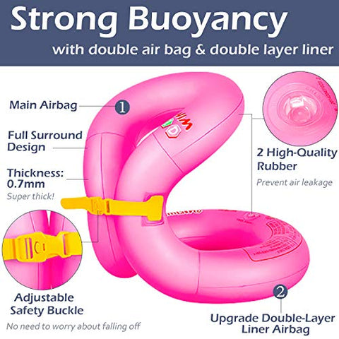 Image of Floaties Swim Vest, Portable Inflatable Pool Floats Swimming Ring with Adjustable Safety Buckle, Safety Swim Arm Bands with Double Surround Air Bag, Durable Float Tube for Kids,Pink,M(weight:52-90lbs)