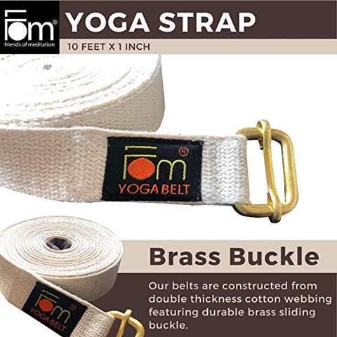 Image of FOM (Friends of Meditation) High Quality Thick and Reinforced Cotton Yoga Belt with An Adjustable Brass Buckle for Daily Stretching, Yoga, Pilates, Physical Therapy, Fitness (White, 10ft x 1”).