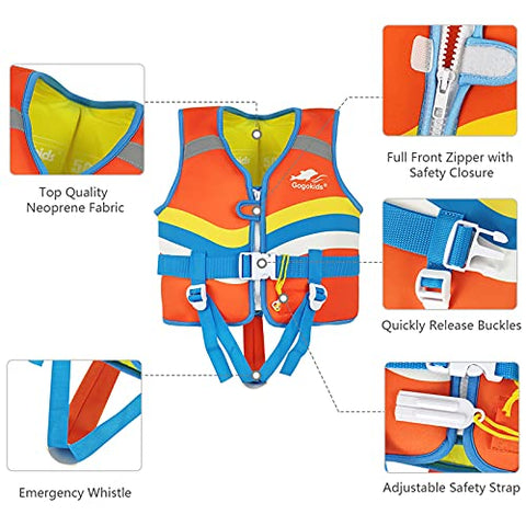 Image of Kids Life Jackets Swim Vest - Toddler Life Vest Learn to Swim, Unisex-Child Swim Trainer Vest with Emergency Whistle & Adjustable Safety Strap (Orange, M)