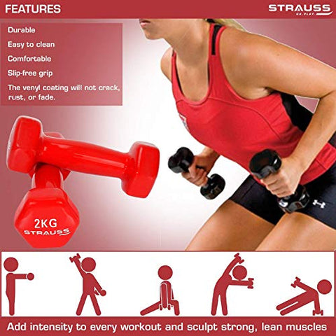 Image of Strauss Vinyl Dumbbell, 2 KG (Pair), 1 KG Each, (Red)