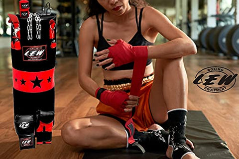Image of LEW Punching Bag Combo 9 Piece Boxing Set Filled with Heavy Bag Gloves Ceiling Hook Chains Hand Wraps Training Kickboxing Muay Thai MMA Boxing Punching Bag