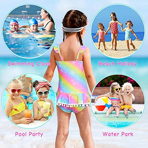 Image of MHJY Girl's One Piece Unicorn Mermaid Ruffle Beachwear Swimsuits with Pompoms (Rainbow, 5-6 Years/Height: 43.3"-47.2")