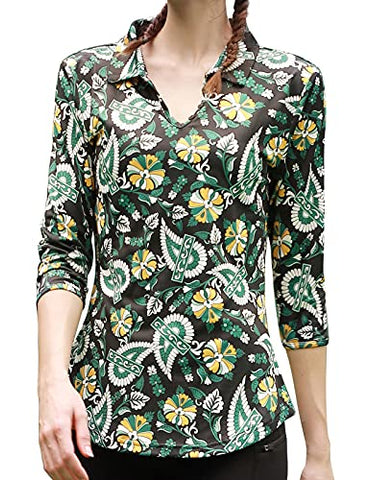 Image of JACK SMITH Women's 3/4 Sleeve Sports Moisture-Wicking Polo Shirt T-Shirt Tops, Cashew Flowers 2#, Large