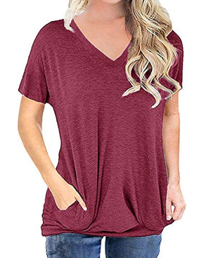 lymanchi V Neck Tunic Tops for Women Short Sleeve Pocket Casual Baggy Tee Shirt 197 Fuchsia S