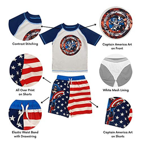 Image of Dreamwave Boys' Captain America Two Piece Rash Guard Rashguard Swim Shirt and Trunk Set 5/6