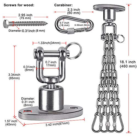 Image of BeneLabel Permanent Antirust Stainless Steel 304 Heavy Duty Boxing Punching Bag Chain, 800 LB Capacity, 360‚ Rotation Spherical Swing Hook with 4 Chains and 4 Carabiners, 2 Wood Screws for Wooden Set