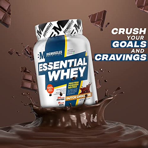 Image of Bigmuscles Nutrition Essential Whey Protein 1Kg [Dutch Chocolate] | 24g Protein per serving with Digestive Enzymes, Vitamin & Minerals, No Added Sugar | Improved Strength , Faster Recovery & Muscle Building