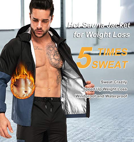 Junlan Sauna Suit for Mens Sweat Sauna Jacket for Men Sweat Tops Gym Workout Zipper Hoodie Sauna Suits (Blue Jacket Only, Large)