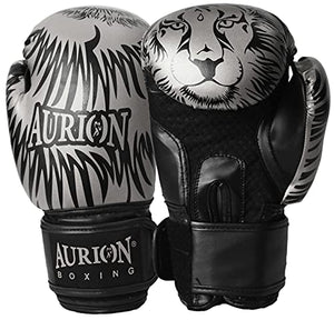 Aurion Molded Faux Leather Boxing Gloves for Muay Thai Kickboxing MMA Martial Arts Workout Grappling Dummy Punching Boxing Gloves with Hand wrap 176" (Silver / Black, 12 oz)