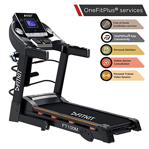 Fitkit FT100 Series (3.25HP Peak) DC-Motorized Treadmill (Inclination: Manual, Max Weight: 110 Kg) with Free Cult BLACK Pass, At Home Installation and Connected Live Interactive Sessions by Onefitplus