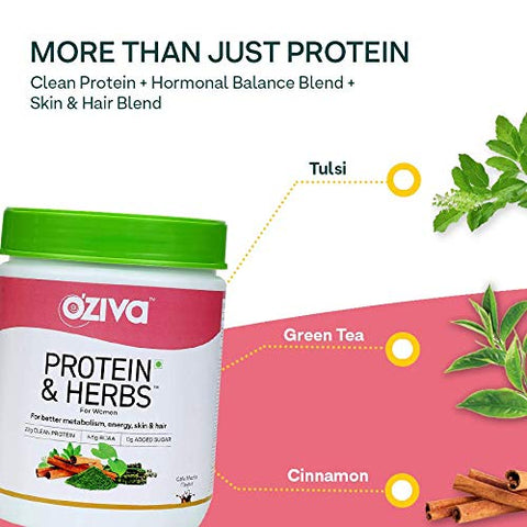 Image of OZiva Protein & Herbs, Women, (Natural Protein Powder with Ayurvedic Herbs like Shatavari, Giloy, Curcumin & Multivitamins for Better Metabolism, Skin & Hair) Chocolate,500g