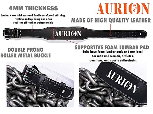 Aurion Genuine Leather Weight Lifting Belt Body Fitness Gym Back Support Power Lifting Belt (Small,Black)