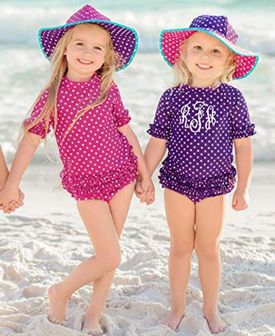 Image of RuffleButts Little Girls Berry Polka Dot Ruffled Rash Guard Bikini - Berry - 3T