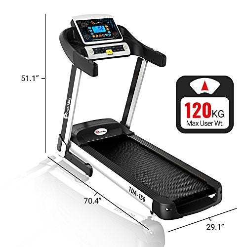 PowerMax Fitness Peak Motorized Smart Run Function Foldable Auto Lubrication Spring Resistance Virtual Assistance Electric Treadmill , TDA-150 Series 5.0HP (Black and White)