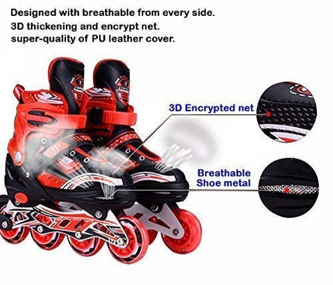 Image of RIVET ENTERPRISE Red Inline Skates Size Adjustable All PU Wheels with Aluminum-Alloy, LED Flash Light, Age Group 6-14 Years