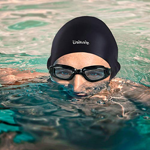 Image of Uniswim Swiming Goggles and Cap Set for Men, Professional Swim Goggles Anti Fog Leakproof UV Protection Clear Wide View, Solid Silicone Swimming Cap for Adults Long Hair Waterproof - Black