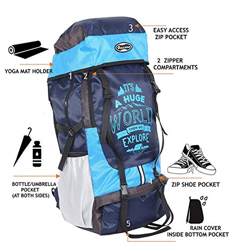 POLESTAR Xplore 55 L Hiking/ Trekking/ Camping/ Travelling Rucksack Backpack with rain cover, shoe compartment, suitable for both men & women, water resistant & durable, made with polyester, 1 year warranty - Sky Blue