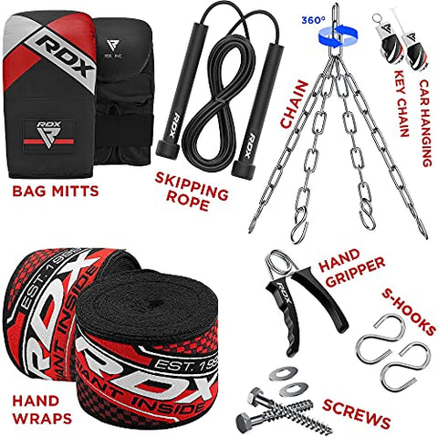 Image of RDX Punching Bag Filled Set Muay Thai Training Gloves with Punch Mitts Hanging Chain Wall Bracket, Great for MMA, Kick Boxing, Martial Arts, 4PC Available in 4FT 5FT