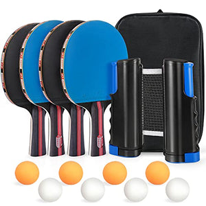 Fostoy Table Tennis Set, 4 Ping Pong Paddles with 8 Table Tennis Balls and Retractable Ping Pong Net, Ideal Indoor and Outdoor Ping Pong Sets, Perfect for Professional and Recreational Games (Blue)