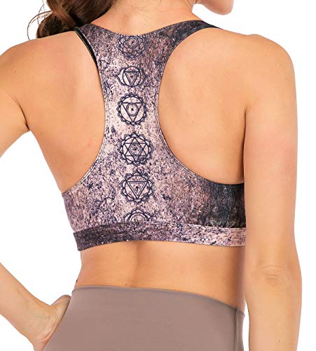 Chisportate Women's Strappy Sports Bra Removable Padded Bra Comfort Yoga Bra Tops Activewear for Workout Running Fitness, Buddha Vintage, Large
