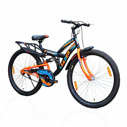 Image of Leader Xtreme MTB 26T IBC Mountain Bicycle/Bike Without Gear Single Speed with Rear Suspension for Men - Black/Fluro Orange Ideal for 10+ Years 18 Inches Steel Frame