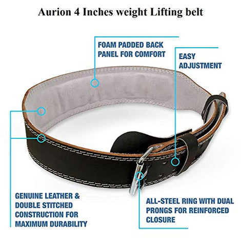 Image of Aurion Genuine Leather Weight Lifting Belt Body Fitness Gym Back Support Power Lifting Belt (Small,Black)