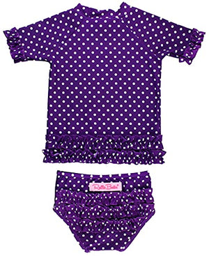 RuffleButts Girls Rash Guard 2-Piece Swimsuit Set - Purple Polka Dot Bikini with UPF 50+ Sun Protection - 7