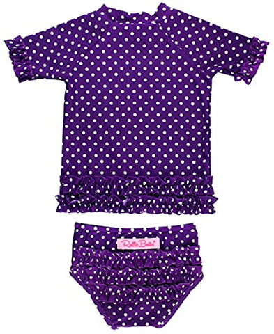 Image of RuffleButts Girls Rash Guard 2-Piece Swimsuit Set - Purple Polka Dot Bikini with UPF 50+ Sun Protection - 7