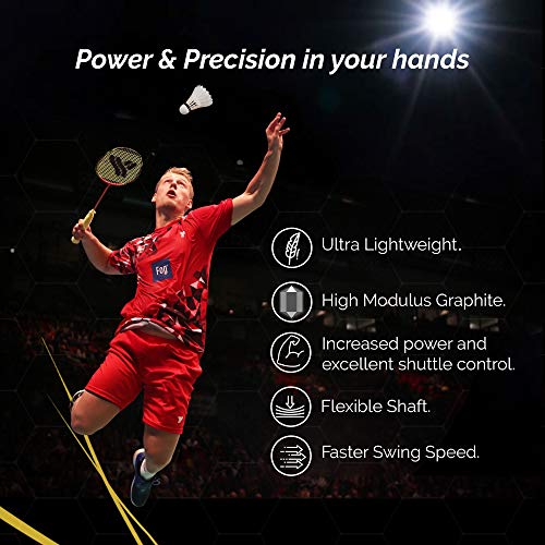 YOUNG (Malaysia) Fury 7 Graphite Lightweight Professional Badminton Racket, Head Light, One Piece High Modulus Graphite , Strung, (Black/Yellow), Includes Full Cover