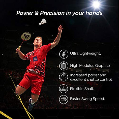 Image of YOUNG (Malaysia) Fury 7 Graphite Lightweight Professional Badminton Racket, Head Light, One Piece High Modulus Graphite , Strung, (Black/Yellow), Includes Full Cover